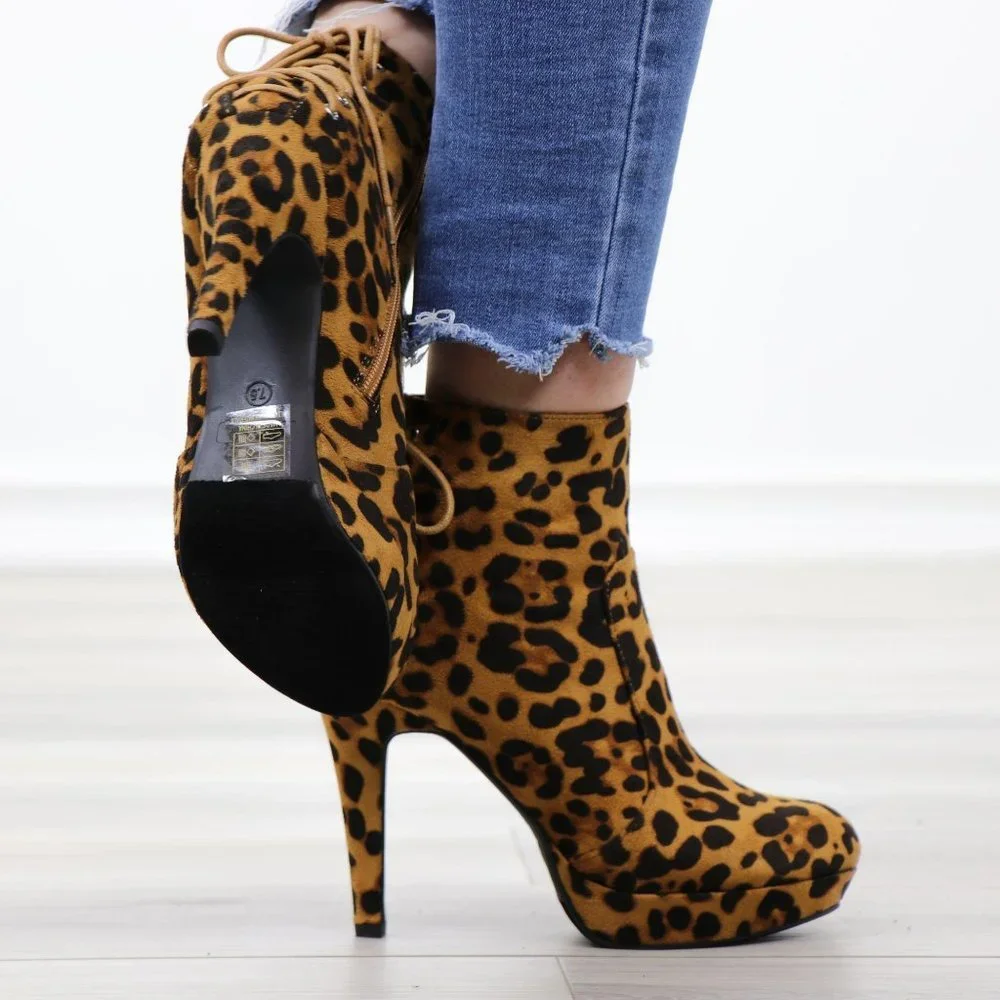 Leopard Back Lace Suede Heeled Ankle platform Booties - Picture 2 of 12